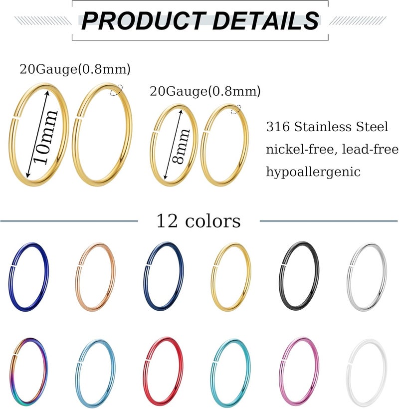 NICEIGHT 18G 20G 22G Stainless Steel Nose Rings Hoops for Women Men Cartilage Helix Earring Hoops Lip Rings Nose Piercing Jewelry - Image 4